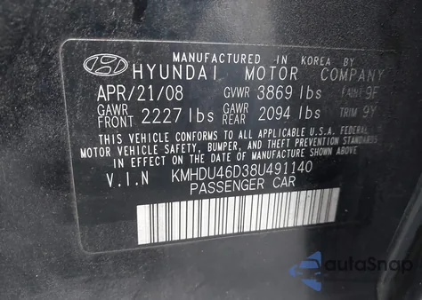 2008 Hyundai Elantra Gls/Se from USA, damaged, VIN KMHDU46D38U491140